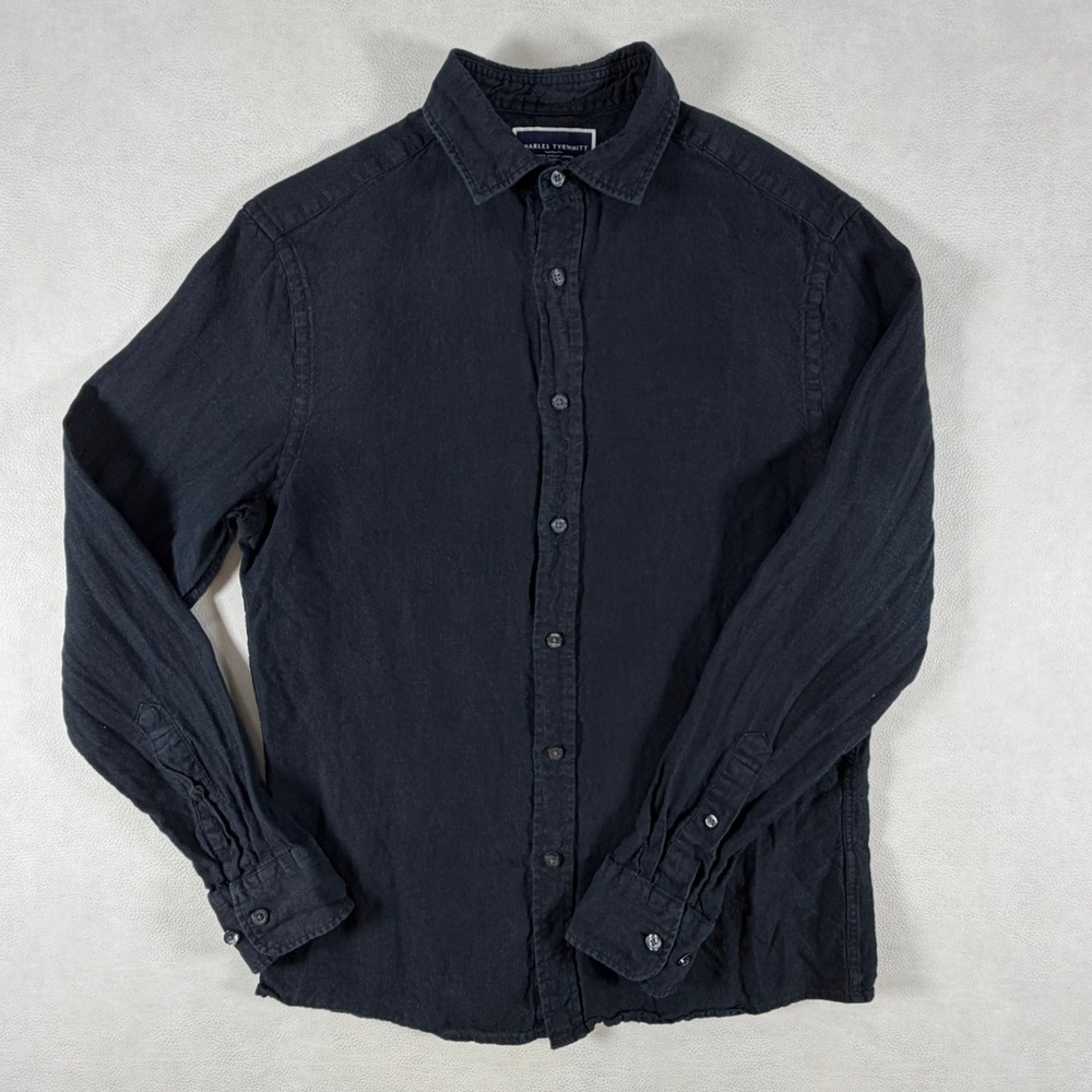 Charles Tyrwhitt Mens Slim Fit Linen Shirt Black Long Sleeve Size Small